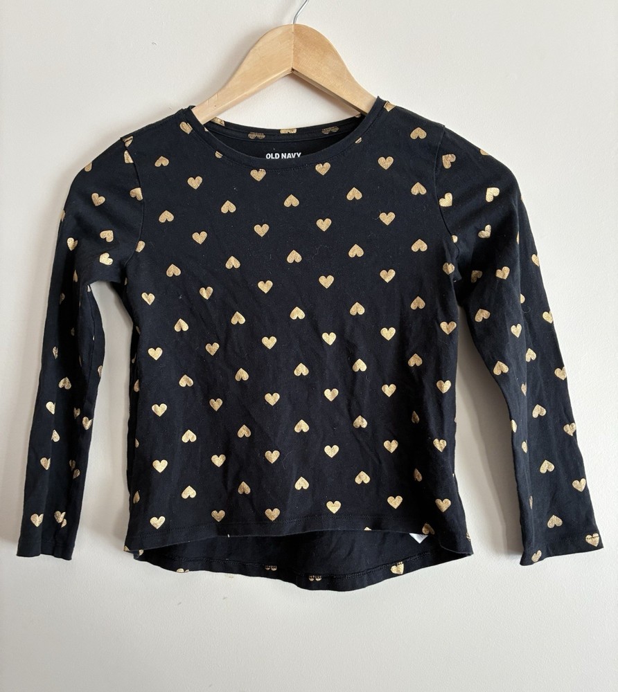 Old Navy Softest Tee Kid Girls Gold Hearts 100% Cotton Long Sleeve Shirt Black M