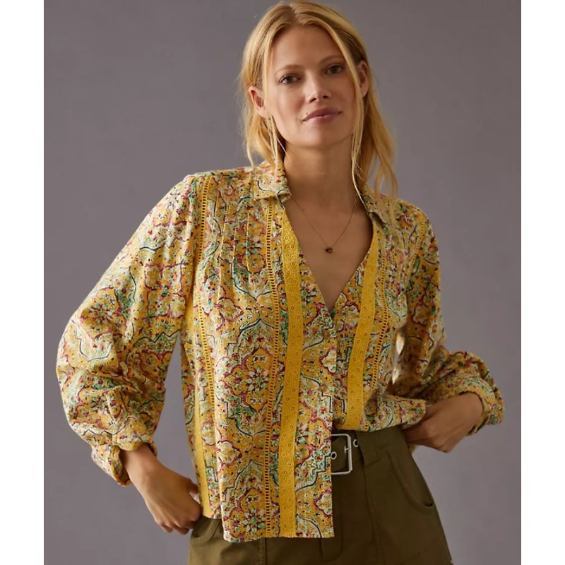 Pilcro Anthropologie Yellow Boho Button Down Peasant Blouse Fairy Women's Medium