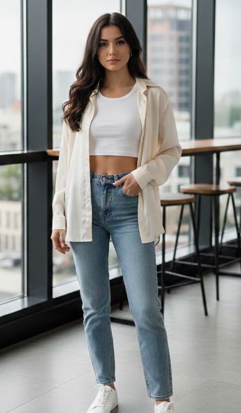 Missguided Satin Button Down Shirt Oversized Silk Feel Blouse Cream White 0