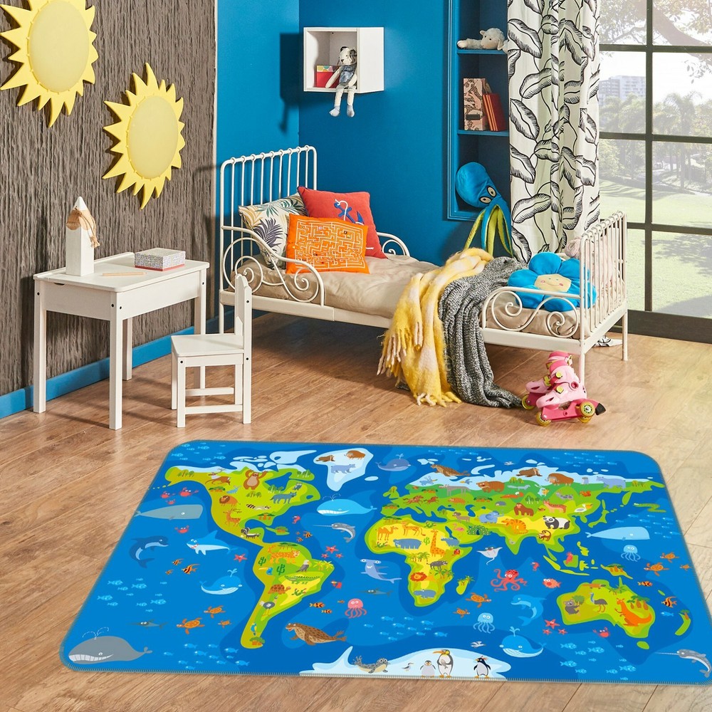 3D Blue Sea Animal Non Slip Rug with World Map Design