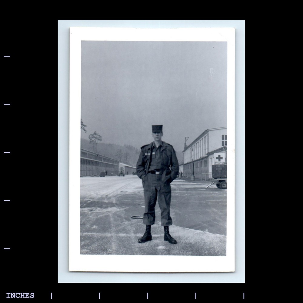 Old Vintage Photo ARMY MAN SOLDIER RED CROSS MILITARY BASE SNOW