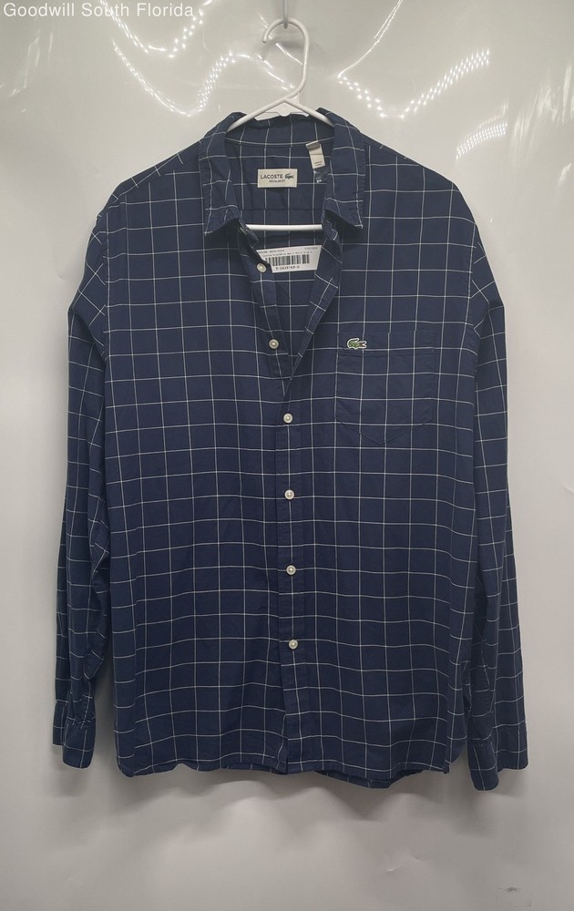 Lacoste Mens Blue White Cotton Regular Fit Long Sleeve Button-Up Shirt Size L