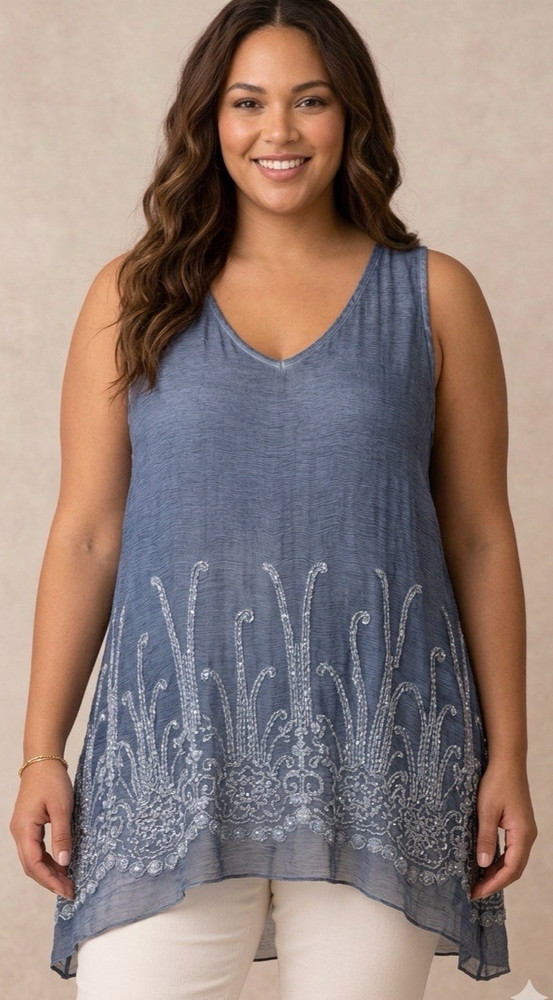 Soft Surroundings Tunic Top 3X Silk Romance Embroidered Sequin Tank Blue Gray
