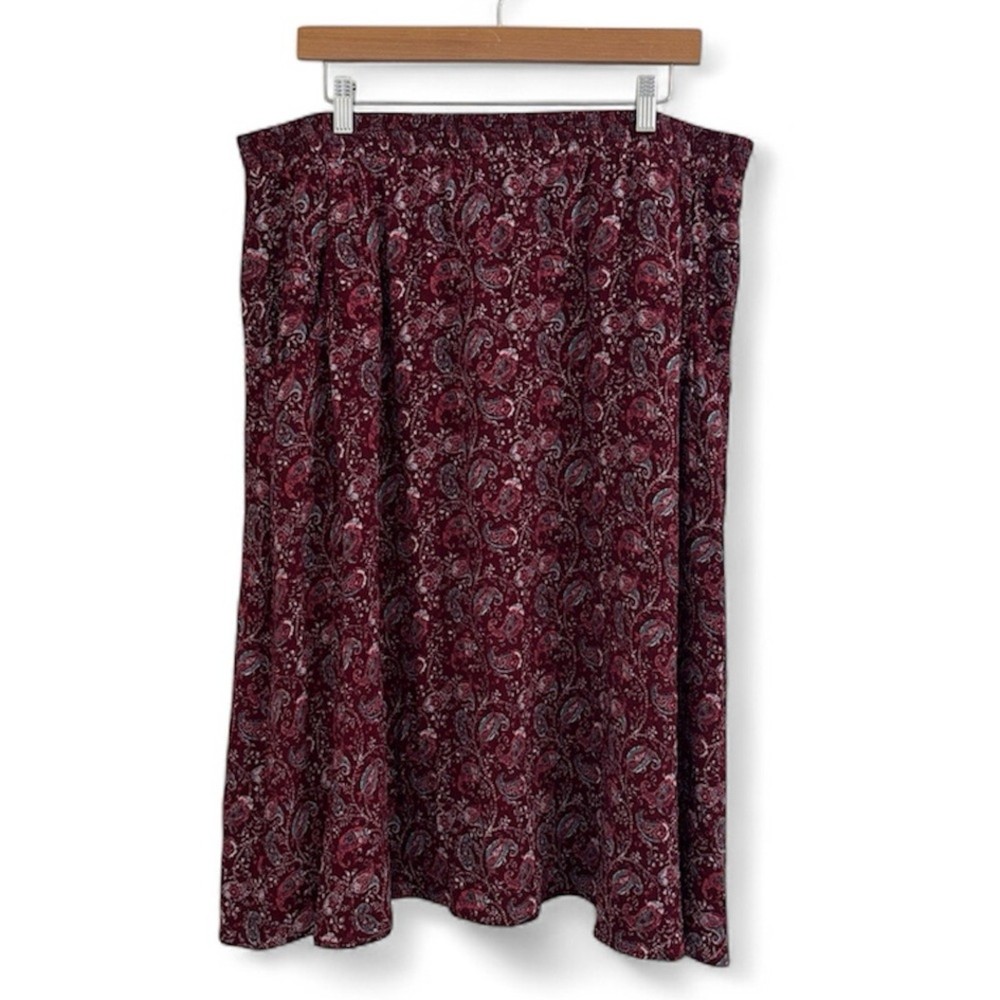 Garnet Hill Paisley Print Burgundy Midi Skirt Size XL Pockets Elastic Waist