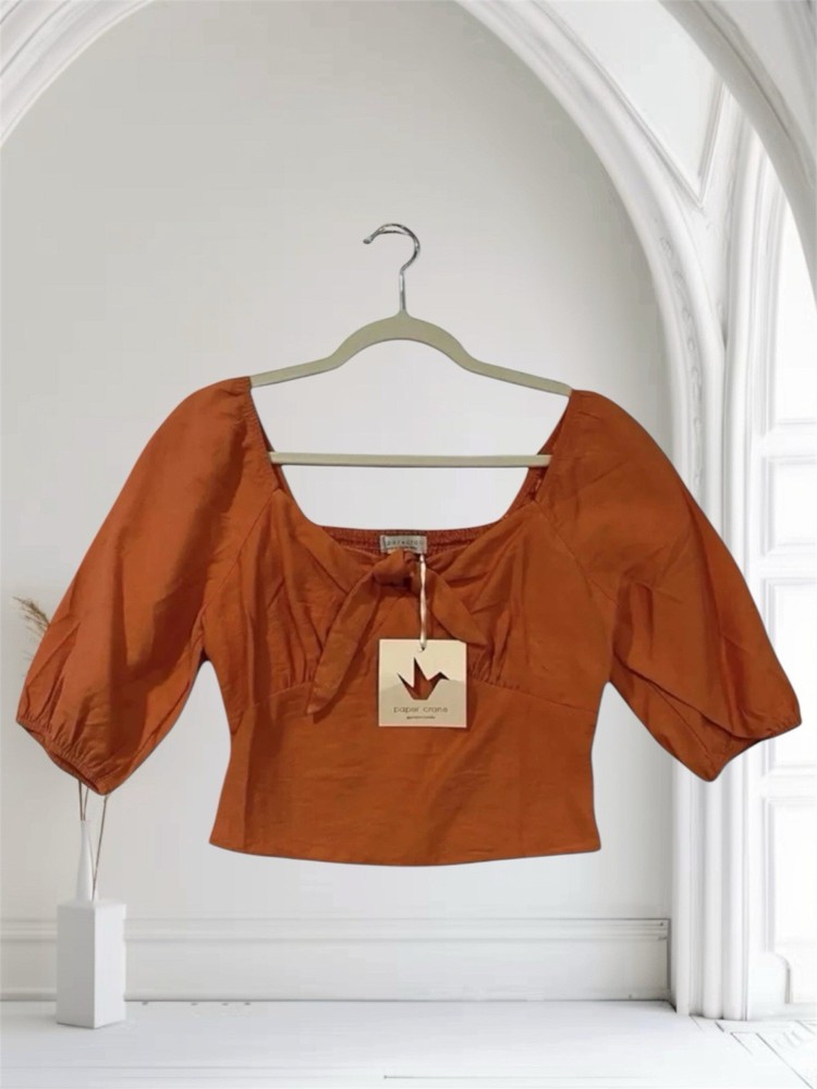Paper Crane Women’s Puff Sleeve Crop Top Size Small Tie Front Boho Chic NWT