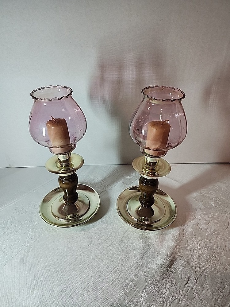 Vintage HOMCO Brass and Wood Pedestal Candle Holder Rare Pink Votive Cups X2