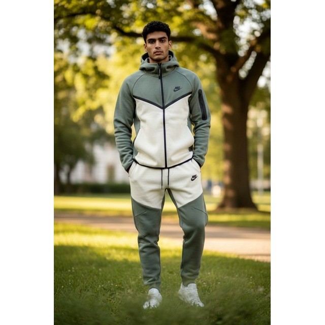 Nike Tech Tracksuit Full Set Olive Green Cream Full Zip Hoodie Joggers (S)