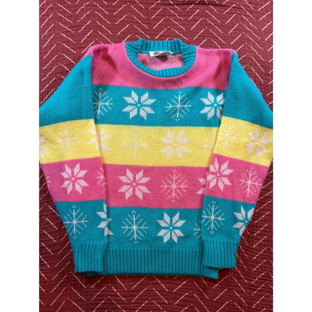 Club House VTG Girls Snowflake Striped Sweater Aqua Pink Yellow Size L