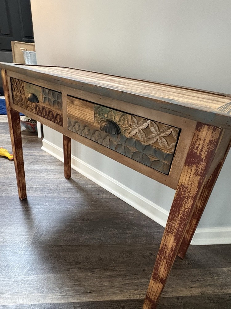 Distressed Wood Console Table 2 Drawers Geometric Vintage Cup Metal Handles