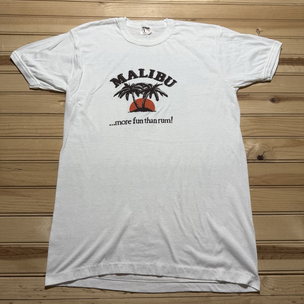 Vintage 80's Malibu Rum Promo Advertising T-Shirt White Graphic Size Large