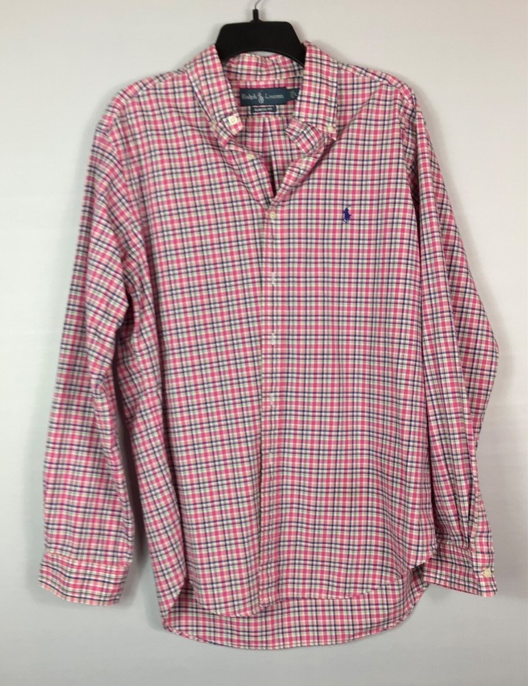RALPH LAUREN Shirt Men’s Size Large Pink Blue Plaid Button Down Long Sleeves