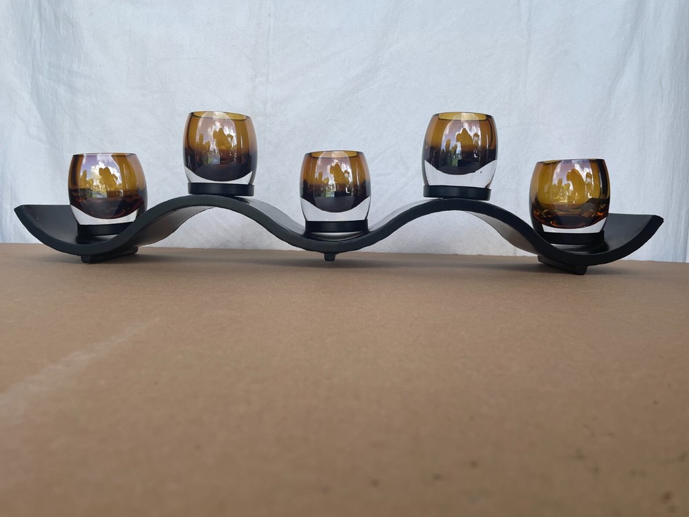 Decorative Five Candle by Mikasa Tin Metal Base with Heavy Glass Candle Holders