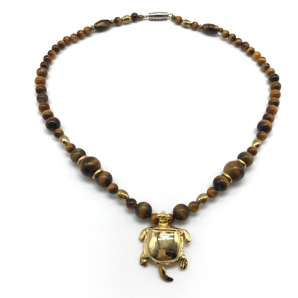 Vintage Tiger's Eye Glass Beaded Gold Tone Turtle Necklace
