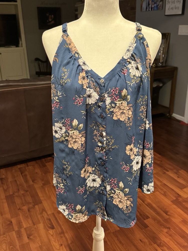 Torrid Tank Womens 00 M/L Blue Floral Georgette Cami Tunic Button Front V-Neck