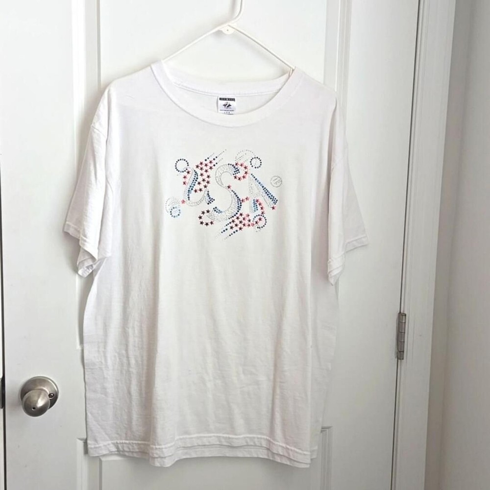 Vintage Style USA White Graphic Tee Red & Blue Abstract Art T-Shirt  Size Large-image