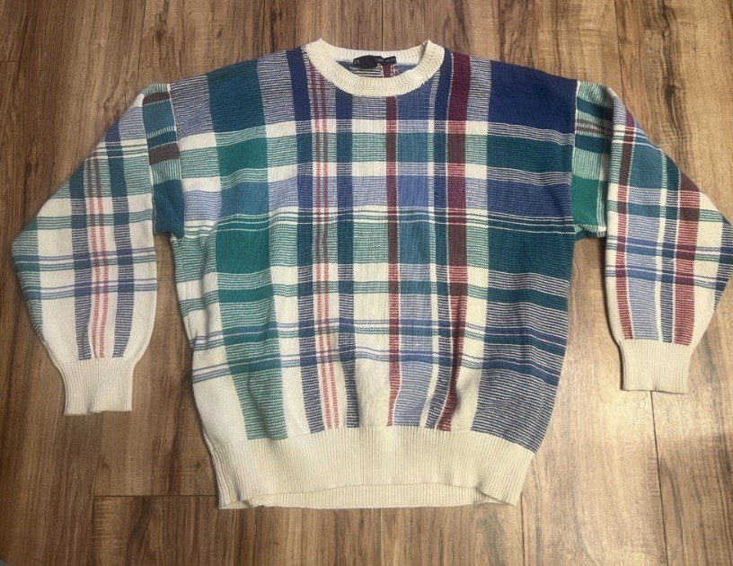 Vintage Nautica Sweater Mens X-L Plaid Crewneck Pullover Hong Kong 90s