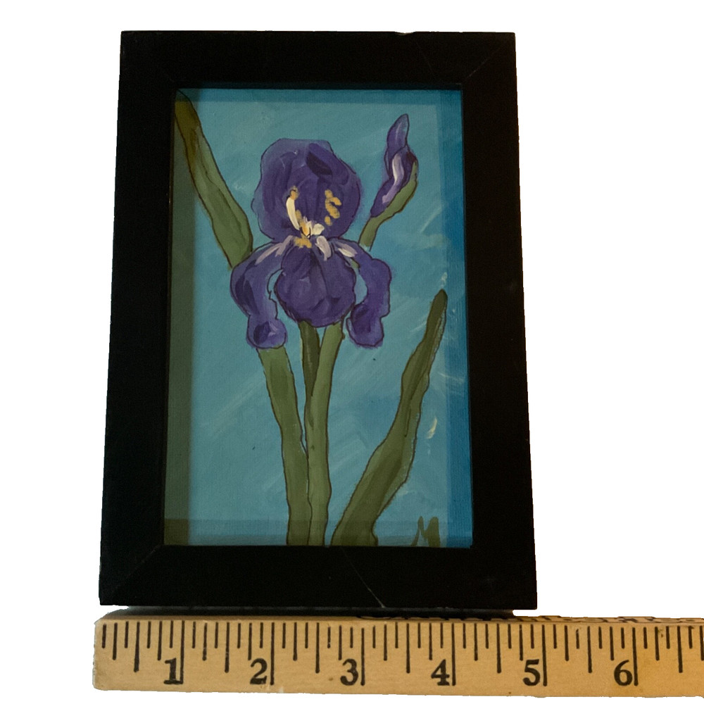 Vintage 1980s small iris floral flower original hand painted  PAINTING signed