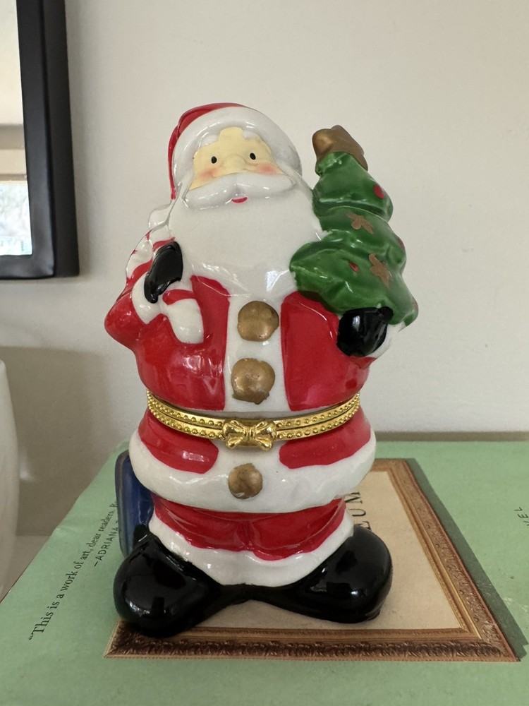 Porcelain Santa with Christmas Tree & Candy Cane Present Hinged Trinket Box 4.5”