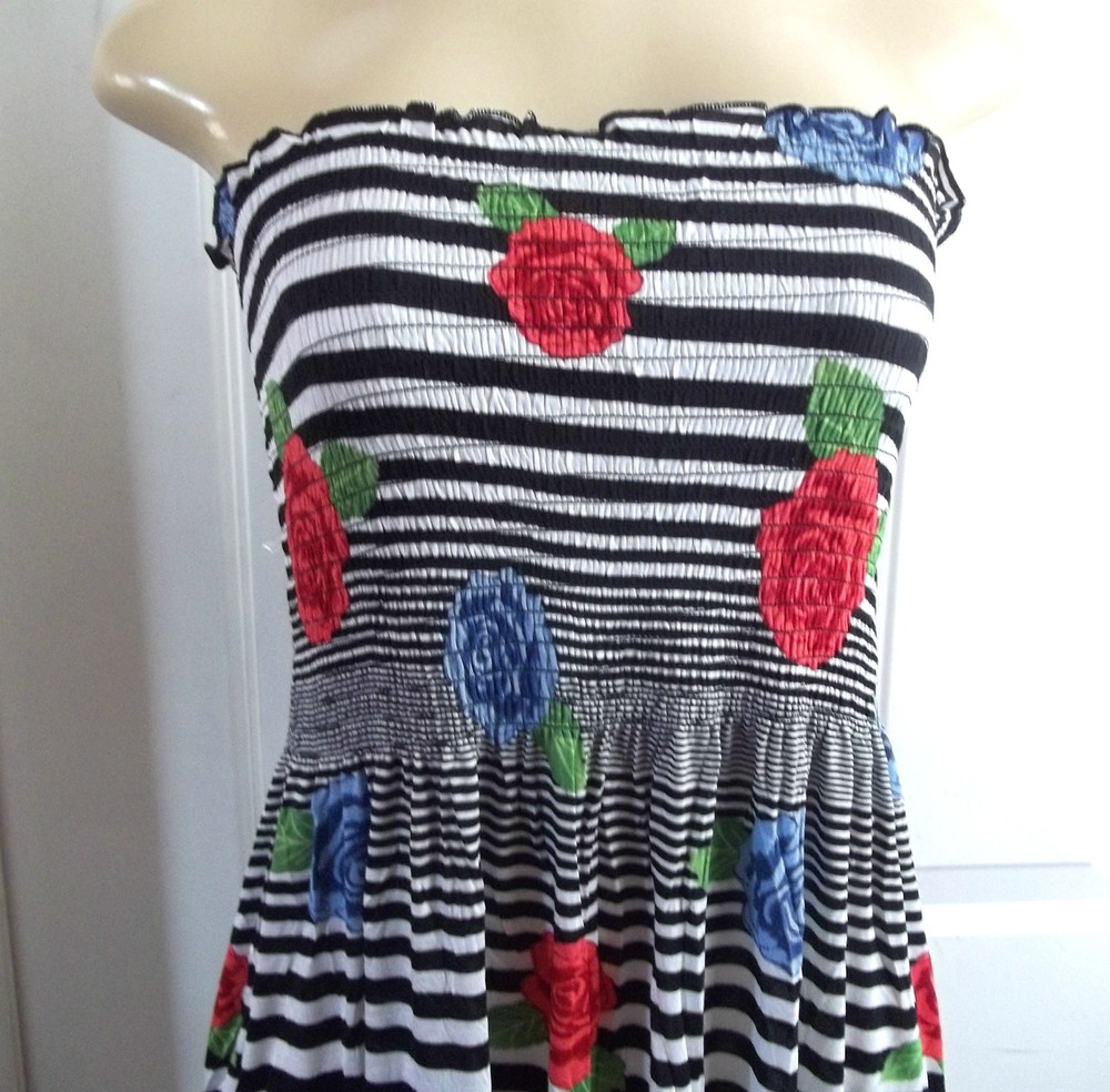 -FLORAL STRIPE BLACK WHITE RED ROSES SUMMER ELASTIC DRESS MAXI LONG STRAPLESS 2X