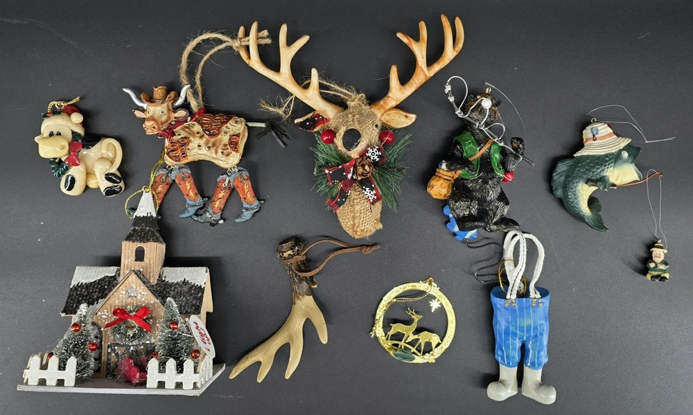 Vintage Lot Of 9 Outdoor Theme Christmas Ornaments Fishing Cows Hunting Rustic