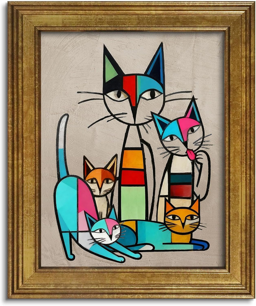 Framed Colorful Cat Canvas Art Print - Vintage Mid Century Wall Decor