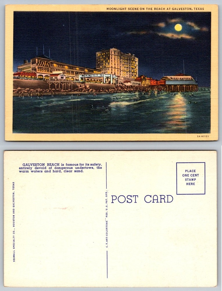 Vintage Galveston Texas Moonlight Beach Scene Seawall Linen Postcard 1930s