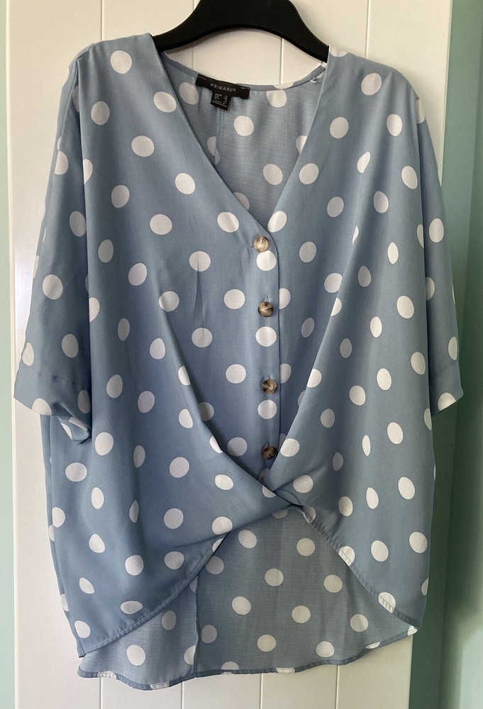 Light Blue White Spotty Blouse With Button Front Size 12
