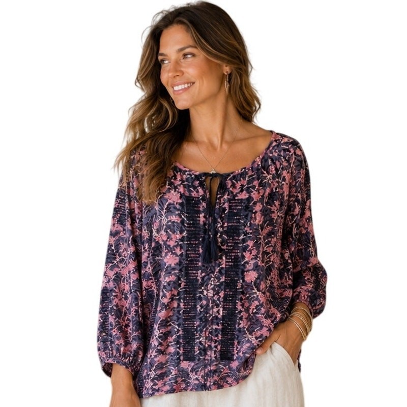 Lucky Brand Peasant Top Womens Large Purple Pink Floral Embroidered Boho Blouse