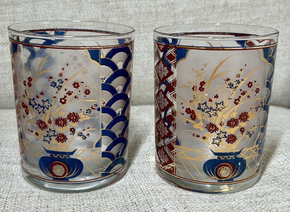Vintage Culver Imari Double Old Fashioned Glasses MCM 22K Gold Barware Set of 2