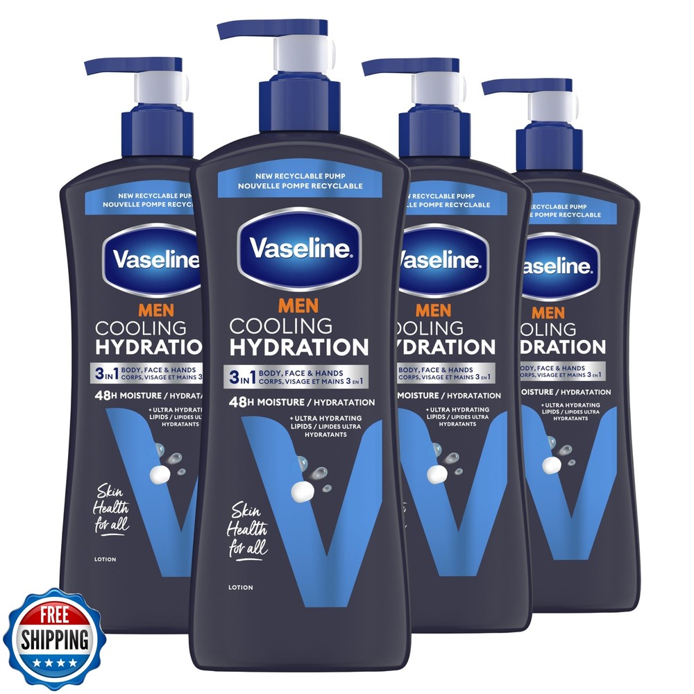 Vaseline Men Cooling Hydration 3-in-1 4 Pack for Dry Skin Face, Hands and Bod