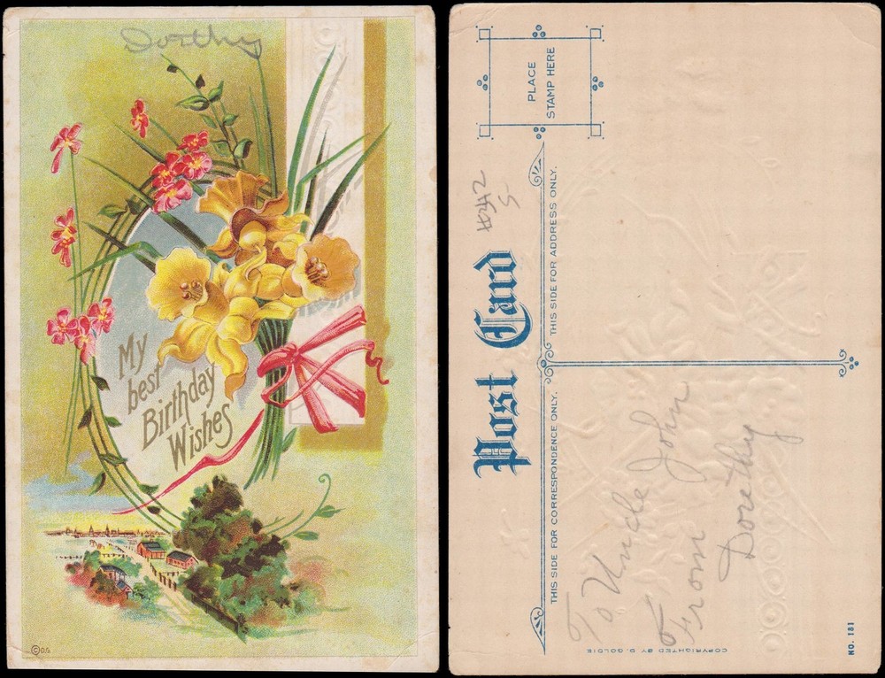 birthday greetings, daffodils tied with ribbon showng farm scene, embossed