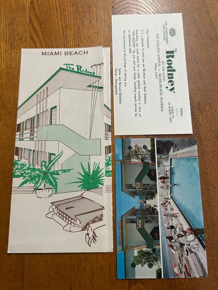Vintage 1950’s Miami Beach Motel Brochure w/Postcard The Rodney Florida