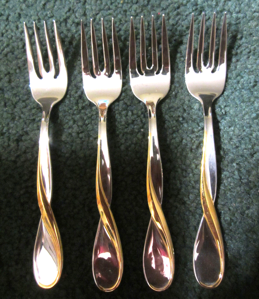 4 set,Oneida Golden Gold Aquarius Salad Forks USA Stainless Flatware Lot VTG