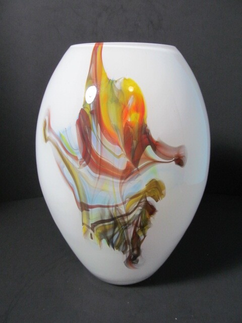 NOVICA HAND BLOWN VASE WHITE WITH MULTI COLOR ABSTRACT ART GLASS 9