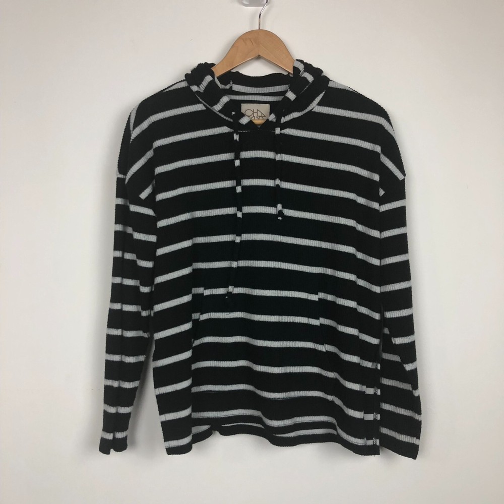 Chaser Women's Striped Long Sleeve Hooded Tee Shirt Black White Size Small