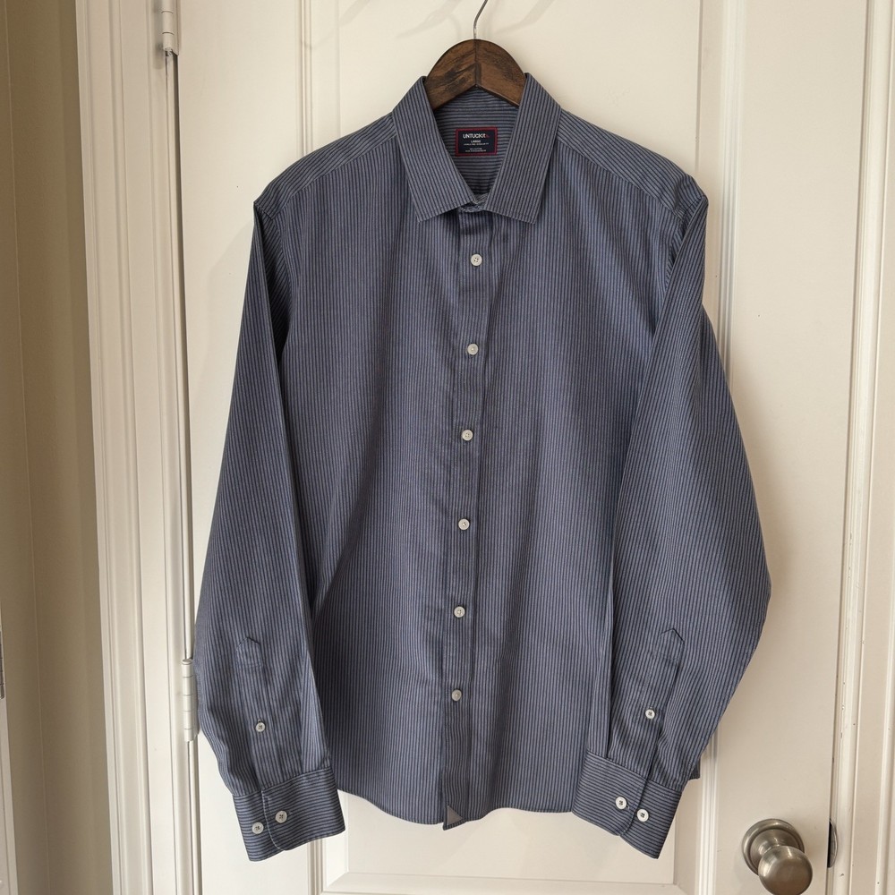 Untuckit Men’s Sz Large Button Down LS Shirt Blue Reg Fit Wrinkle Free EXCELLENT