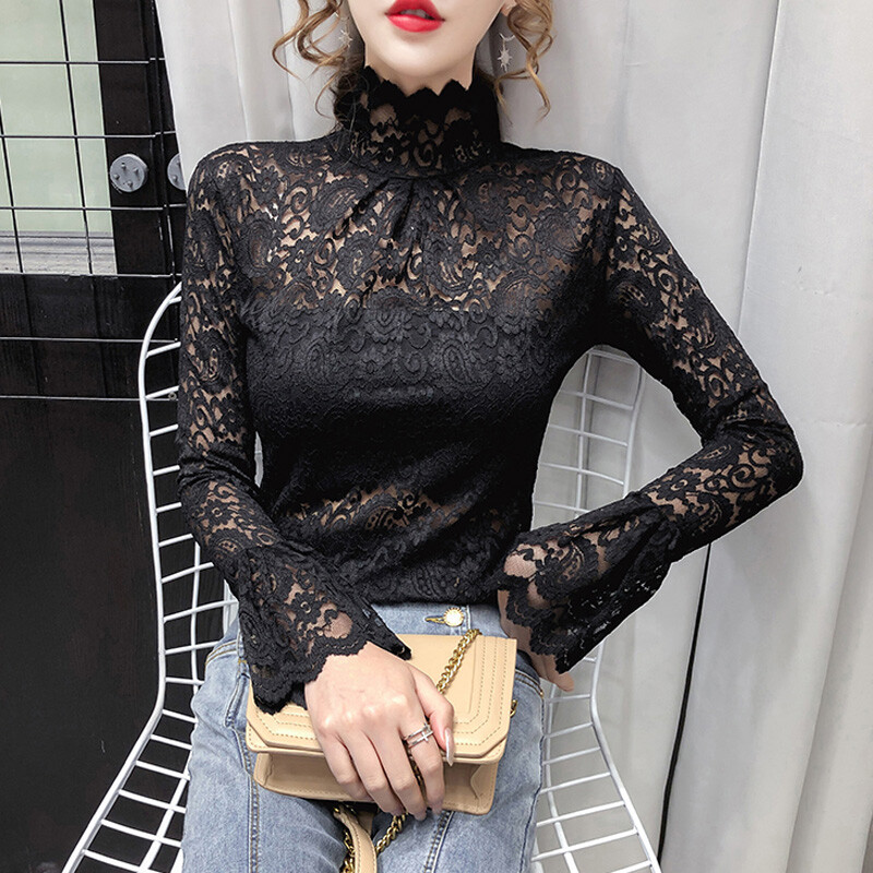 Women Sexy Floral Lace Mesh Top Hollow Sheer High Neck Shirt Slim Blouse Chic