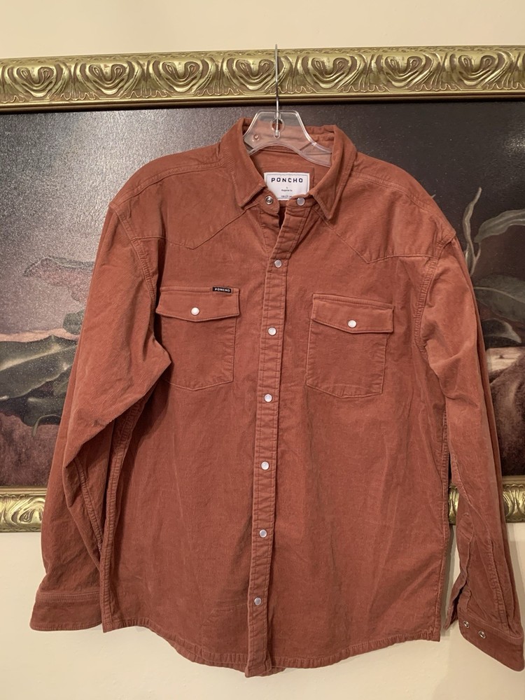 Poncho Corduroy Pearl Snap Shirt Mens L Burnt Orange Regular Western Cowboy