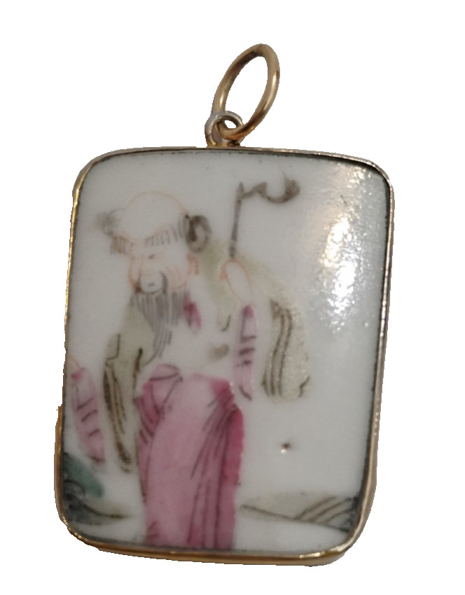 Antique Hand Painted Chinese Porcelain Shard Pendant in Vintage Metal Setting