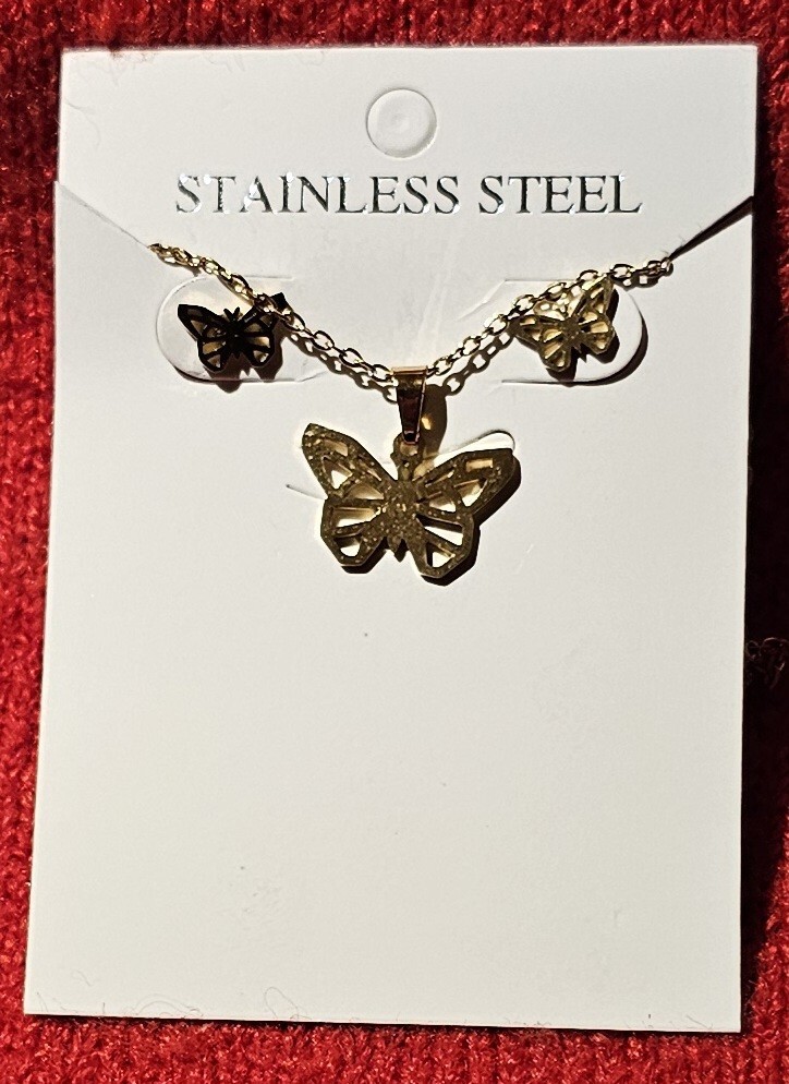 Gold Plated Stainless Steel Heart Pendant Necklace & Earrings Set