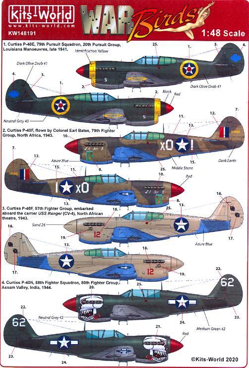 Kits World Decals 1/48 CURTISS P-40 E/F/N WARHAWK American WWII Fighter