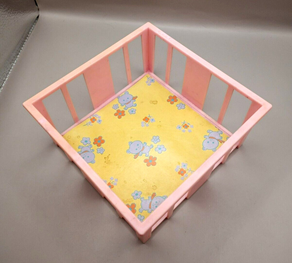 Vintage Goldberger Doll Mfg. Pink Plastic Crib With Bears & Flowers on Yellow