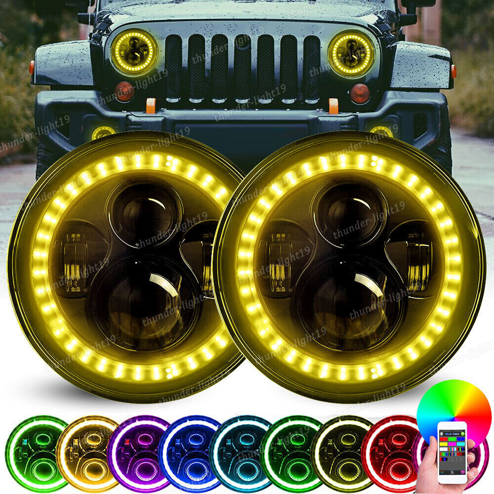2PC 7'' RGB LED Halo Headlights DRL Lights Combo for Jeep Wrangler JK Muti-Color