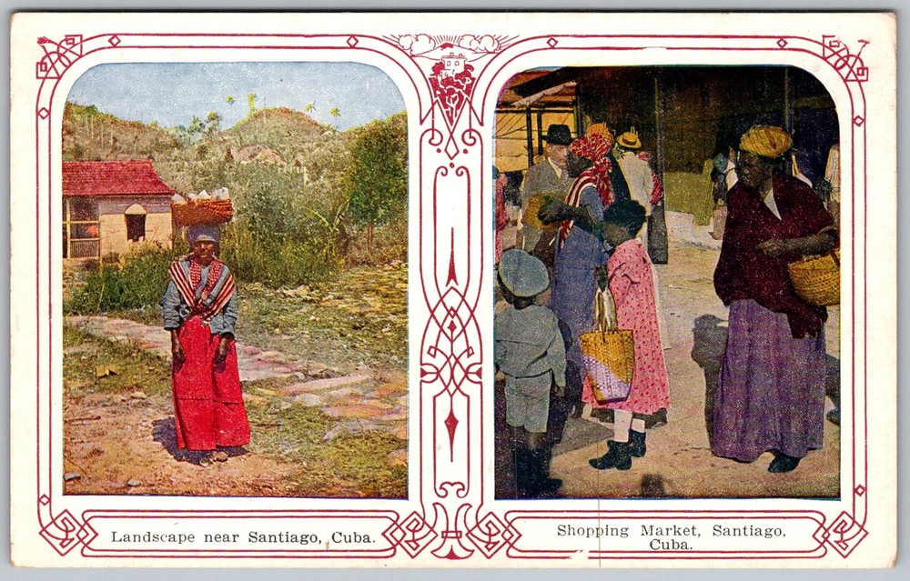 Antique Postcard Market Vendors Street Scene Santiago, Cuba 1910s
