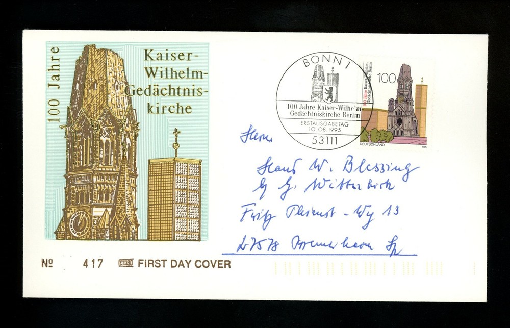 Postal History Germany FDC #1903 Kaiser Wilhelm memorial church religion 1995