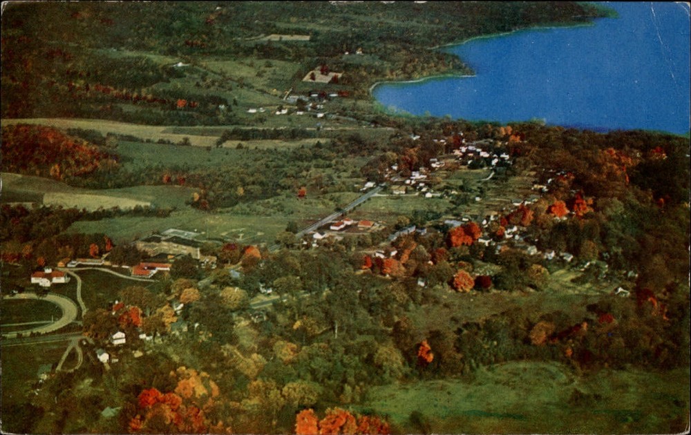 Westport New York Lake Champlain aerial view autumn foliage ~ 1965 postcard