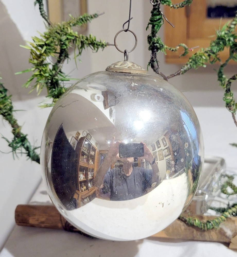 German Kugel Christmas Silver 1890s Heavy Glass Ornament, Brass Cap on Top. 4.5