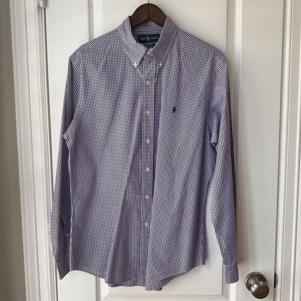 Ralph Lauren Shirt Mens L Purple Gingham Custom Fit BtnDwn Green Pony Excellent