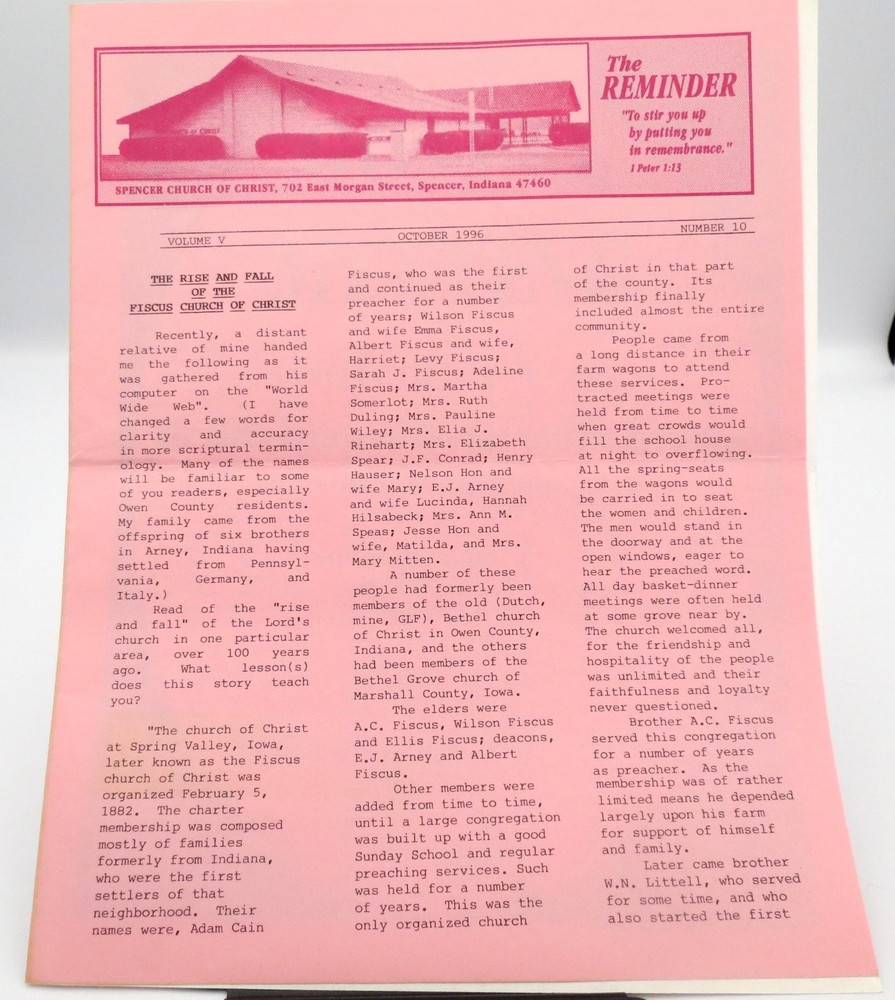 1996 Spencer Church of Christ Newsletter Ephemera Indiana Religious History