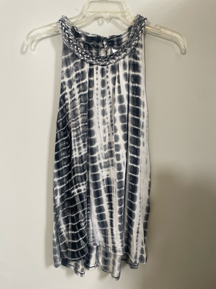 Antibes Blanc Black White Tie-Dye Braided Neckline Sleeveless Women's Tank Top L